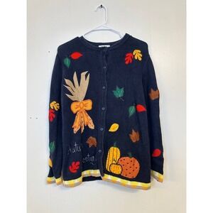 The Quacker Factory Navy Blue Knit Cardigan Autumn Fall Leaves Pumpkins Size S